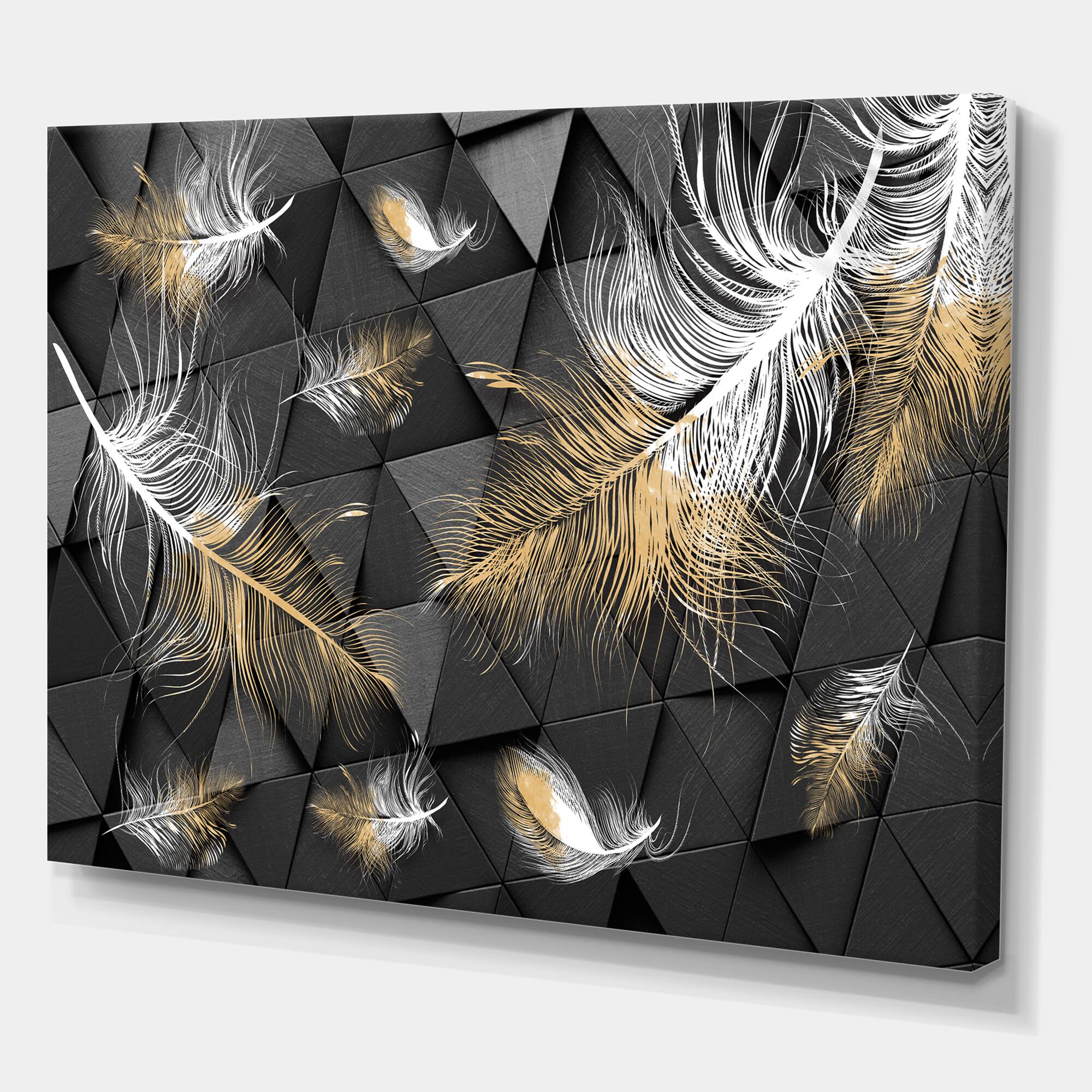 Designart - White and Gold Feathers On Triangular